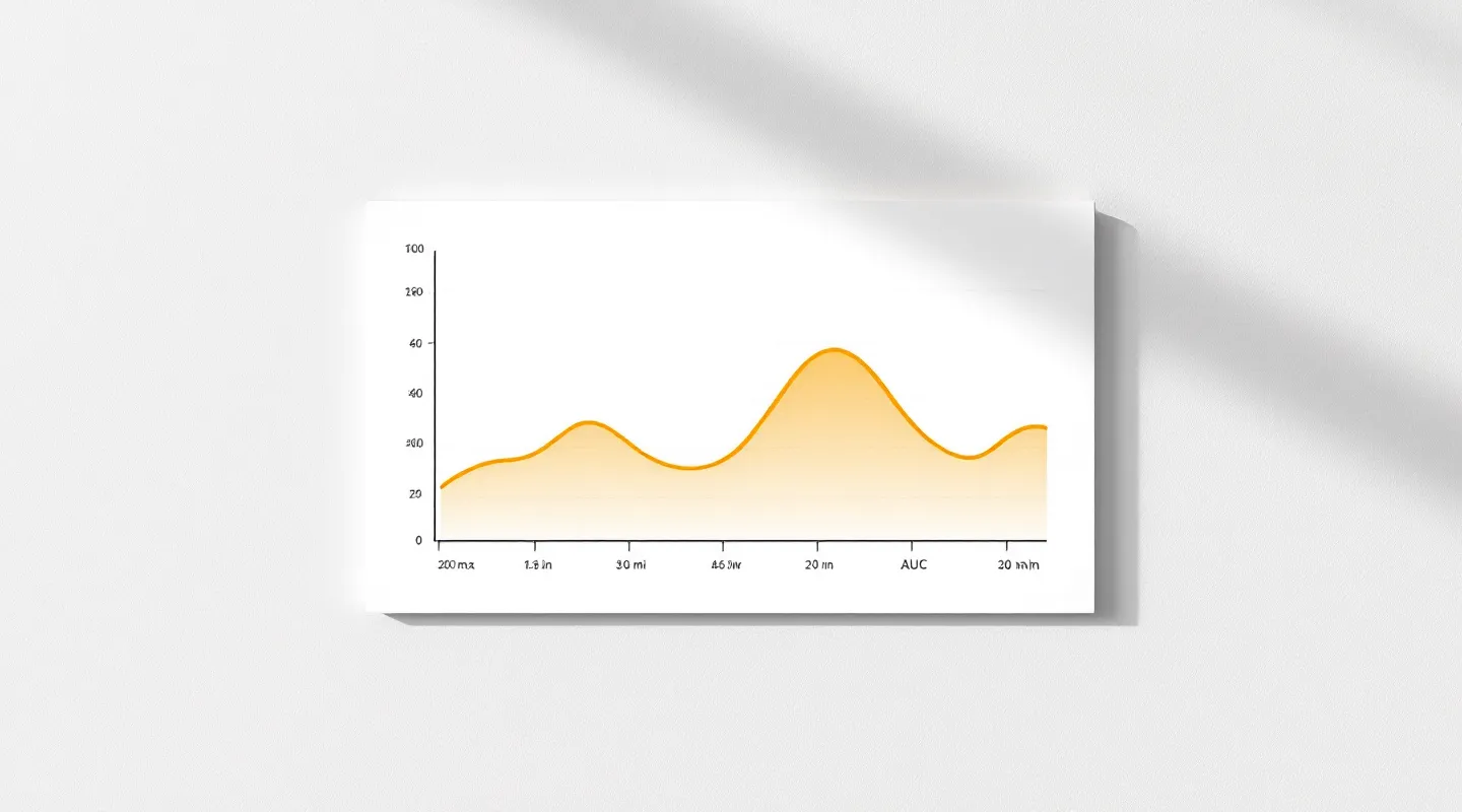 Dashboard line chart of plasma concentration vs time with sharp peak and exponential decay in amber